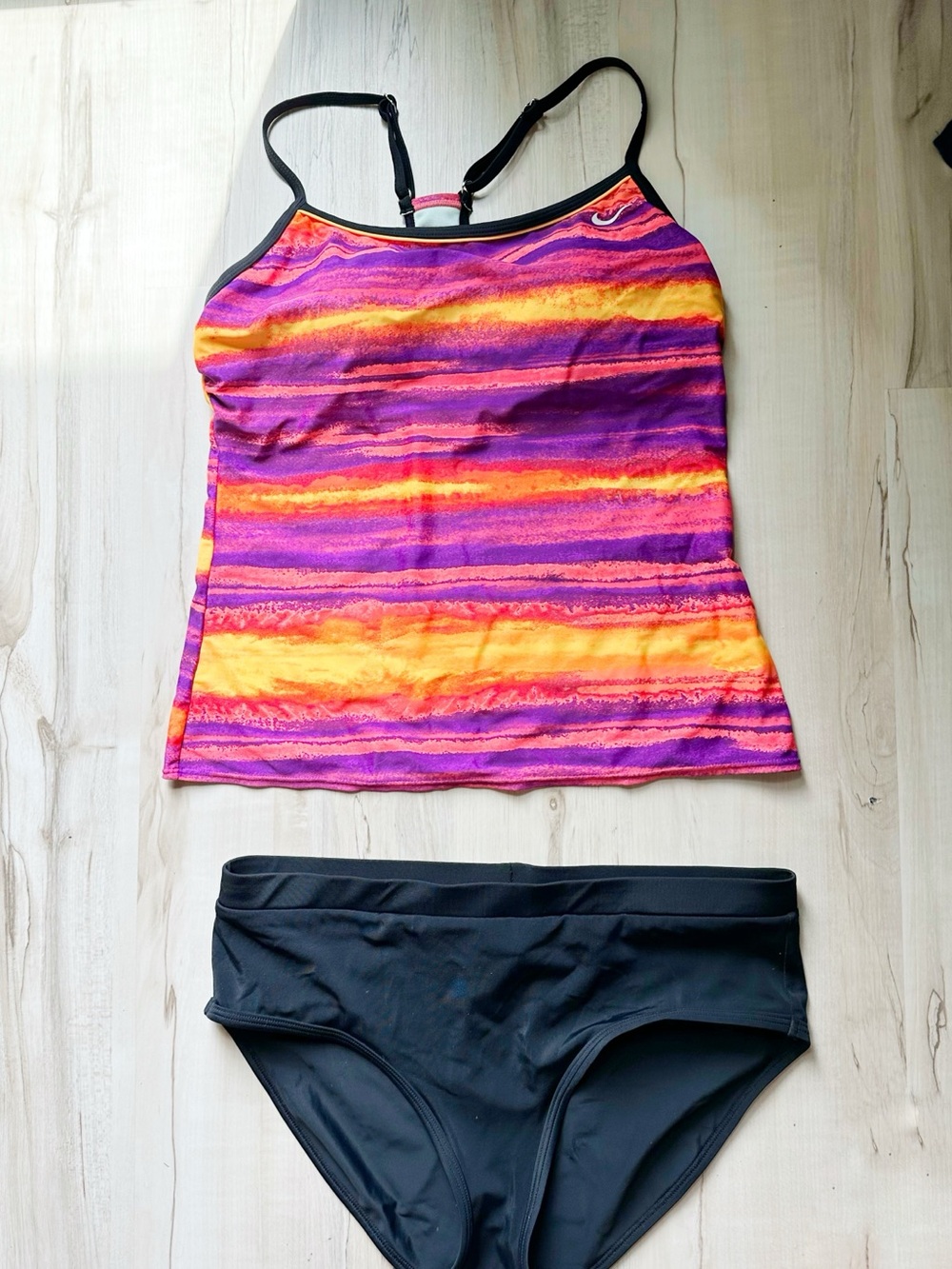 Nike Purple, Orange & Yellow Striped Tankini with Black Bottom